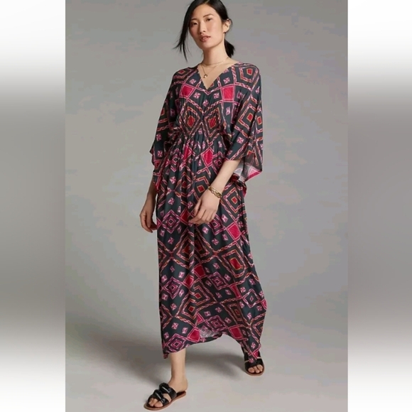 ANTHROPOLOGIE RUJUTA SHETH Marie Cinched Caftan in Black Red Diamond Print Sz OS - Picture 2 of 9